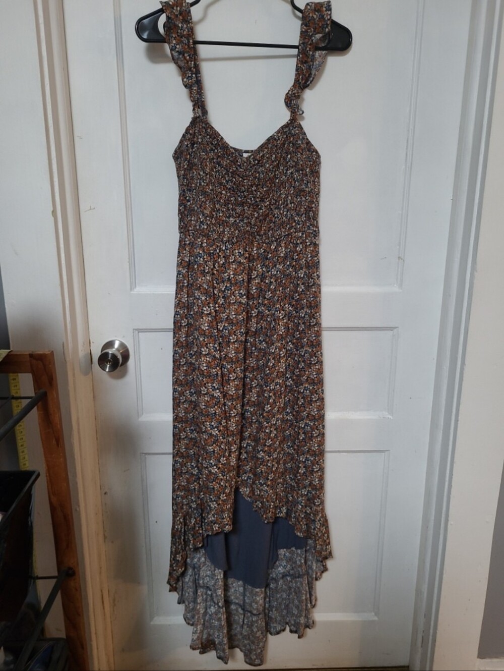 Storia Navy & Brown Ruffle Floral High Low Maxi Dress Large